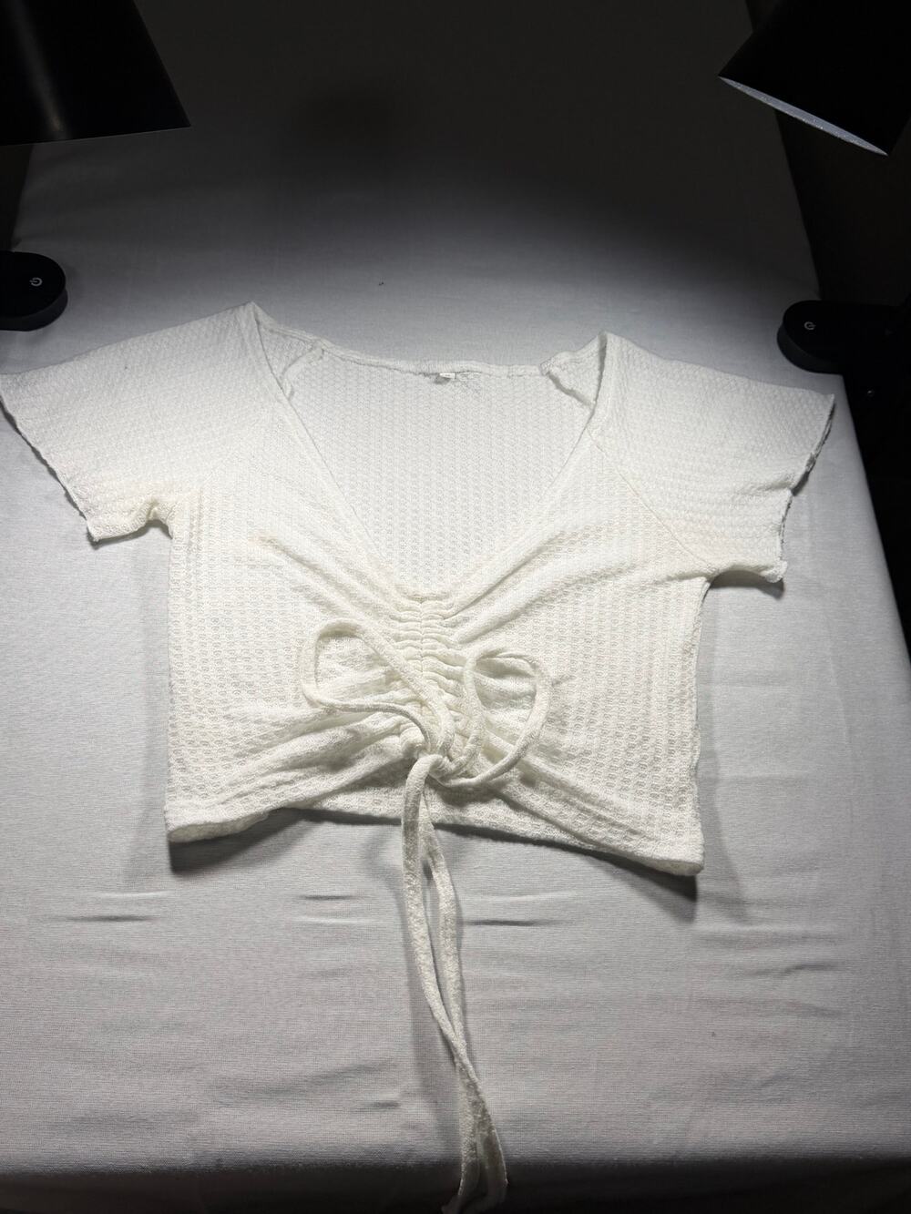 Women's White Waffle Knit Ruched Drawstring V-Neck Crop Top Size Small